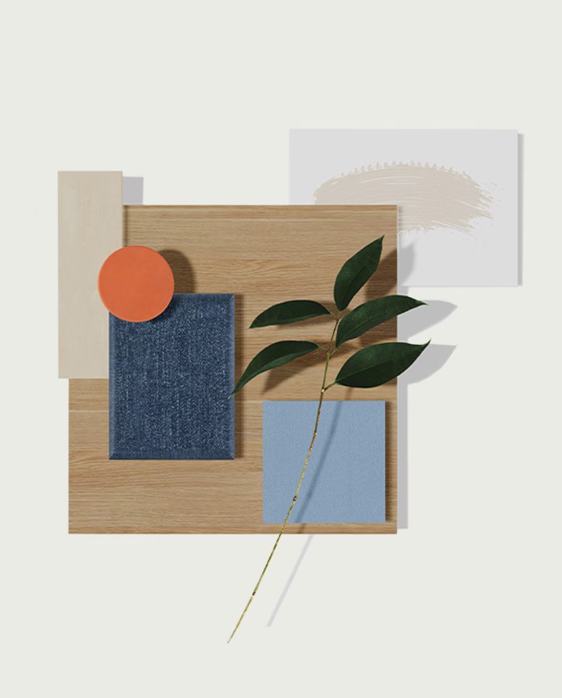 Moodboard orange, blue, plant, natural, pops of colour